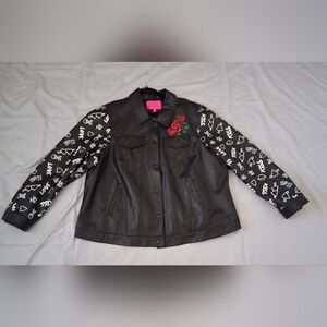 Black Leather Jacket with Rose Embroidery